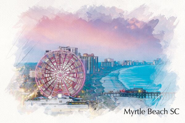 Myrtle Beach sketch watercolor, Myrtle beach wheel Canvas, Myrtle Beach canvas, Myrtle Beach watercolor canvas, South Carolina Gift,