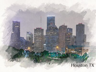 Houston sketch watercolor, TX skyline at dusk, Printed on Canvas, Houston watercolor Texas, City skyline, Large Houston Print, Houston