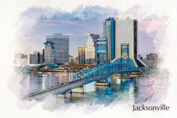 Jacksonville watercolor, Jacksonville Canvas, Jacksonville watercolor skyline, Jacksonville Wall canvas, Jacksonville wall art
