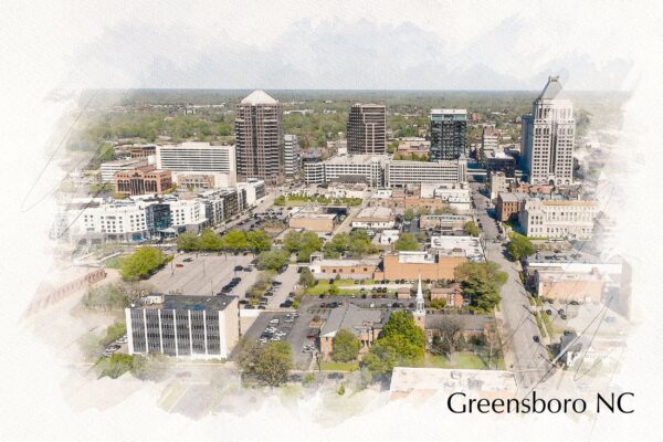 Greensboro sketch watercolor canvas, Greensboro skyline watercolor,  Greensboro NC Canvas Wall Art, Greensboro wall art canvas,