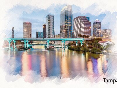 Tampa Florida watercolor, Tampa skyline sketch watercolor, Tampa canvas watercolor, Tampa art, Tampa Bay skyline canvas Tampa Florida