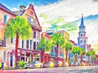 Charleston SC watercolor street scene canvas, Charleston Canvas,  Charleston wall canvas, Charleston watercolor Charleston south decor