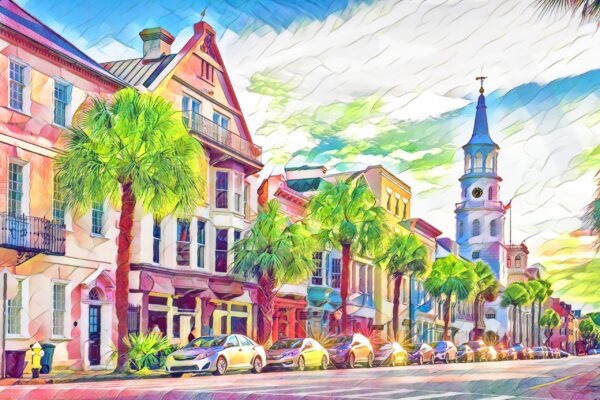 Charleston SC watercolor street scene canvas, Charleston Canvas,  Charleston wall canvas, Charleston watercolor Charleston south decor