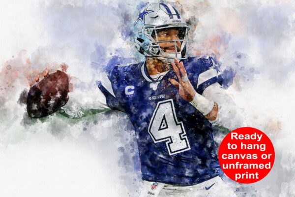 Dak Prescott poster Dallas Cowboy wall art, Dallas Cowboy Quarterback Cowboy Canvas watercolor, Dak Prescott football wall art