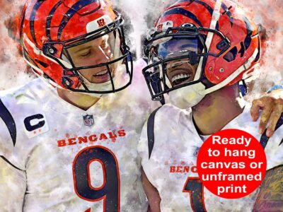 Joe Burrow and Ja'Marr Chase poster watercolor, Cincinnati Bengals Super Bowl, Joe Burrow Cincinnati Bengals poster. Ja/Marr Chase,