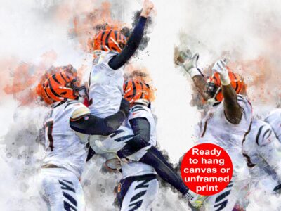Evan McPherson celebrates with teammates poster watercolor, Cincinnati Bengals Super Bowl, Evan McPherson Cincinnati Bengals poster.