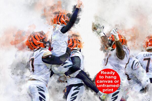 Evan McPherson celebrates with teammates poster watercolor, Cincinnati Bengals Super Bowl, Evan McPherson Cincinnati Bengals poster.