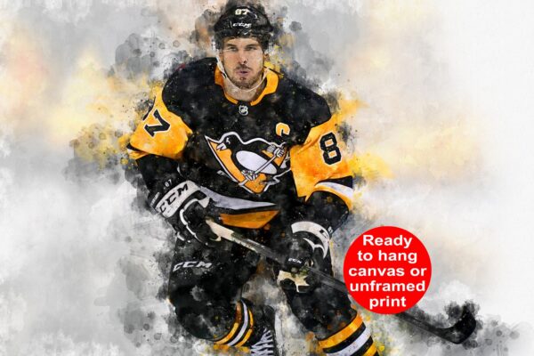 Sidney Crosby watercolor, Pittsburgh Penguins wall art, Penguins Stanley Cup winner Canvas watercolor, Sidney Crosby hockey art wall