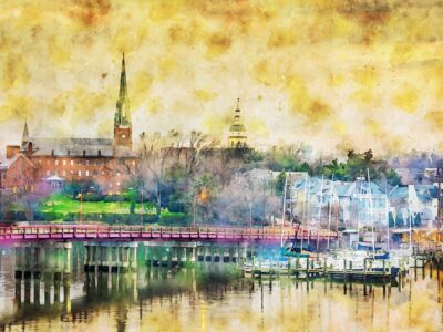 Annapolis skyline watercolor,  Annapolis watercolor Canvas,  Annapolis Maryland Canvas Wall Art, Street scene wall art capital