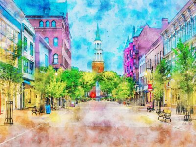 Burlington Vermont watercolor canvas, Vermont watercolor, Burlington Vermont  Wall Art,  Lake Champlain wall art, New England street scene
