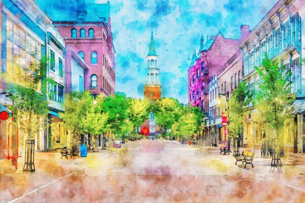 Burlington Vermont watercolor canvas, Vermont watercolor, Burlington Vermont  Wall Art,  Lake Champlain wall art, New England street scene