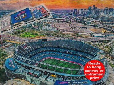 Canvas-Print of Denver Broncos Stadium, Empower Field, Watercolor Digital Sketch Print Canvas Print,  football. Denver Broncos Football, Pro