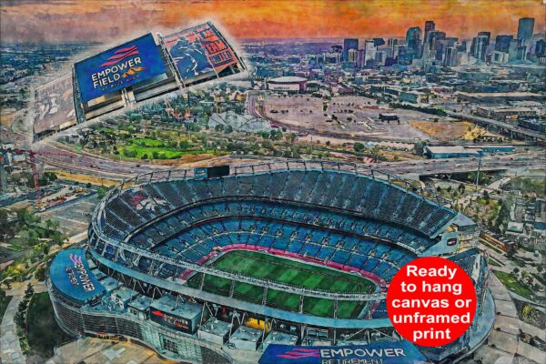 Canvas-Print of Denver Broncos Stadium, Empower Field, Watercolor Digital Sketch Print Canvas Print,  football. Denver Broncos Football, Pro