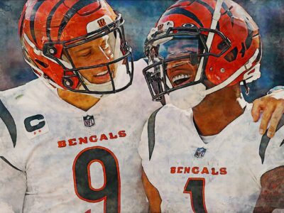 Joe Burrow and Ja'Marr Chase poster watercolor, Cincinnati Bengals Super Bowl, Joe Burrow Cincinnati Bengals poster. Ja/Marr Chase,