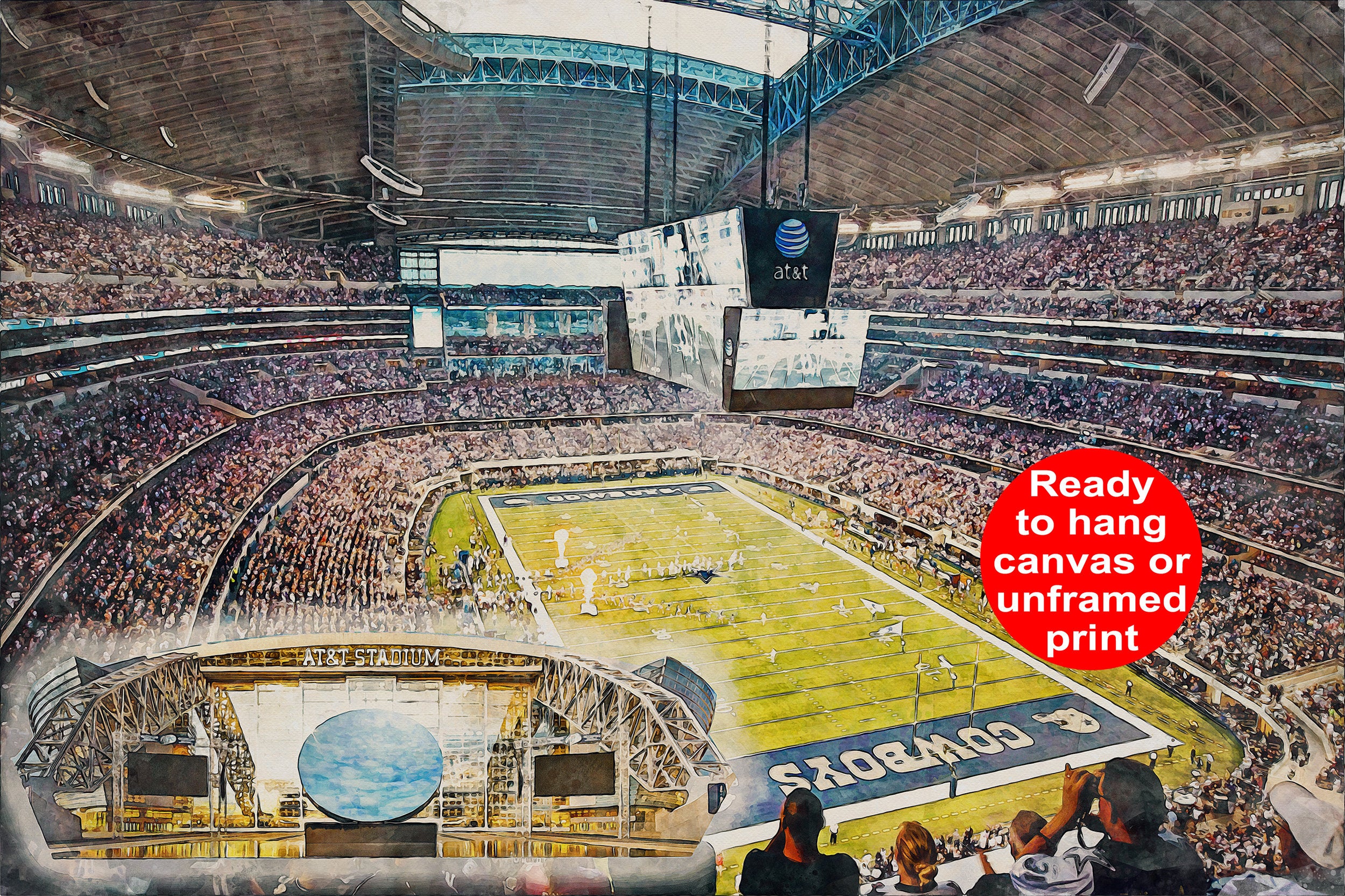 Canvas-Print of AT&T Stadium, Watercolor Digital Sketch Print Canvas Print,  Football, Dallas Cowboys, Dallas Texas, Pro
