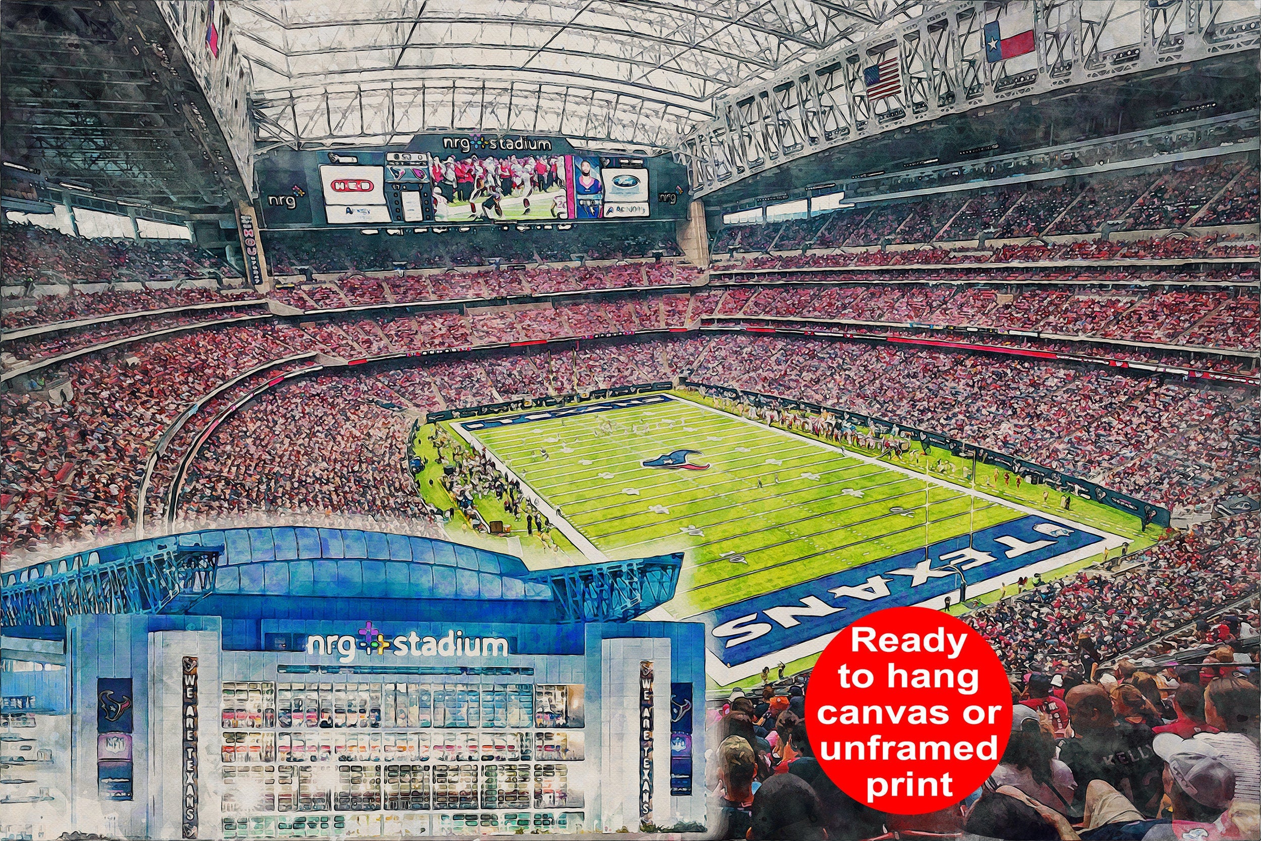 Canvas-Print of NRG Stadium, Watercolor Digital Sketch Print Canvas Print, Houston Texas, Houston Texans, Pro