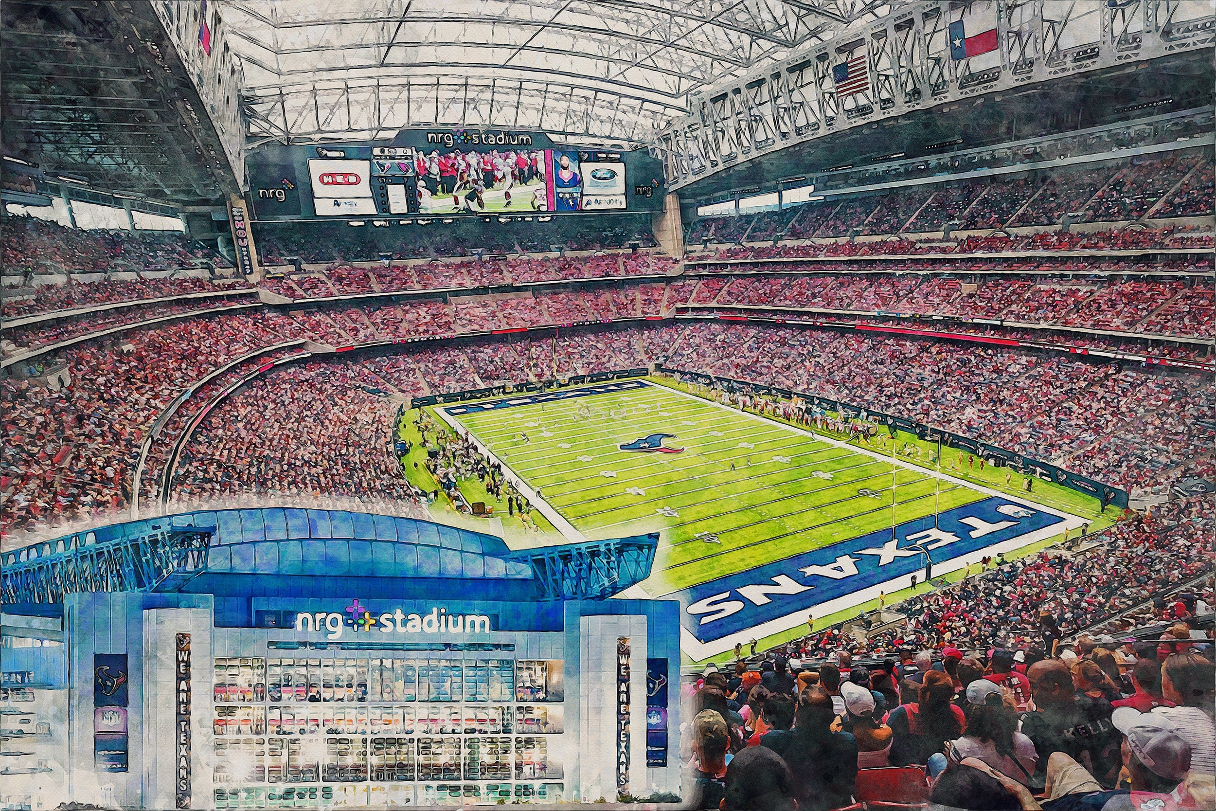 Canvas-Print of NRG Stadium, Watercolor Digital Sketch Print Canvas Print, Houston Texas, Houston Texans, Pro - Image 3