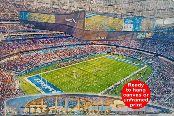 Canvas-Print of SoFi Stadium, Watercolor Digital Sketch Print Canvas Print, Los Angeles California, Los Angeles Chargers, Pro