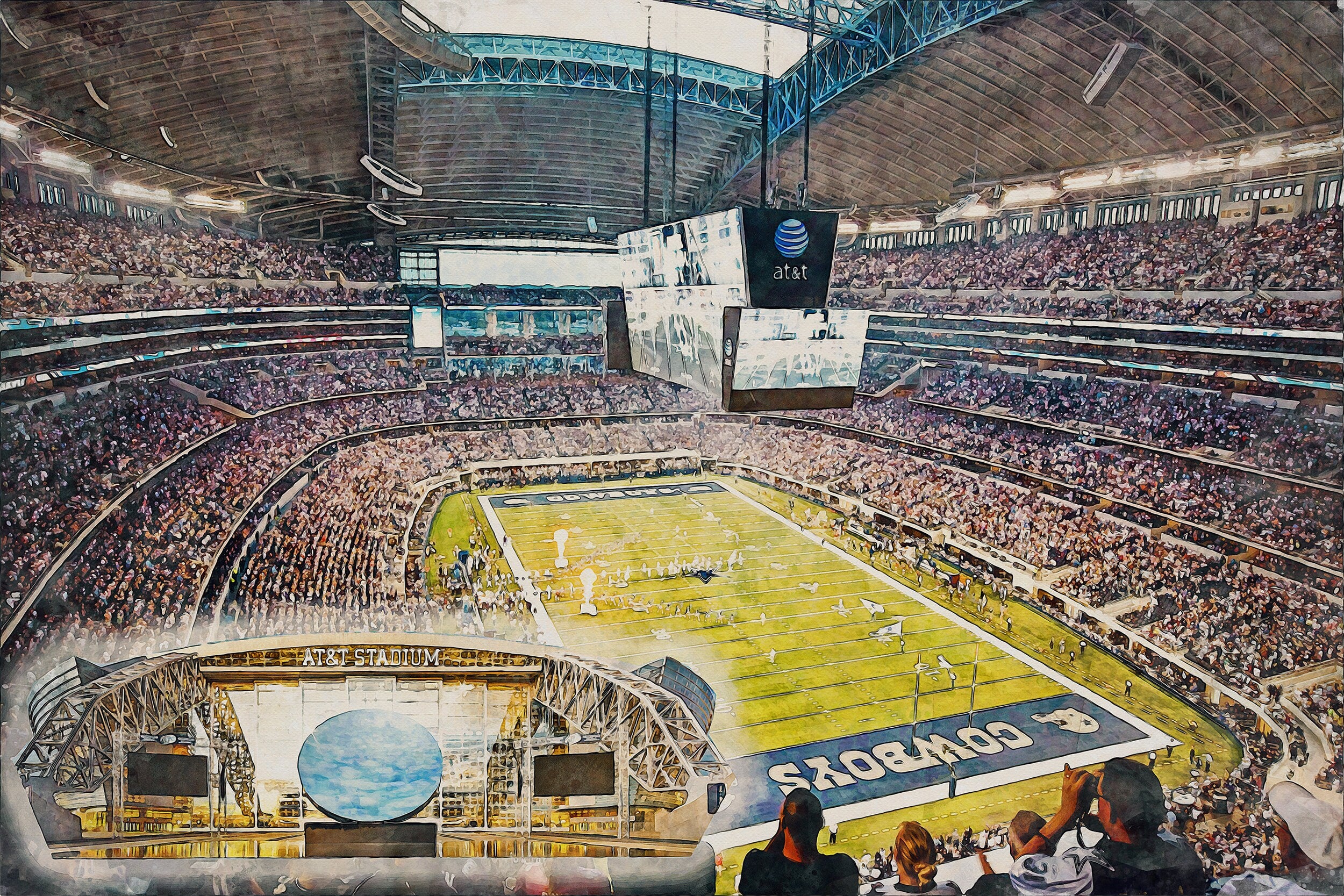 Canvas-Print of AT&T Stadium, Watercolor Digital Sketch Print Canvas Print,  Football, Dallas Cowboys, Dallas Texas, Pro - Image 3
