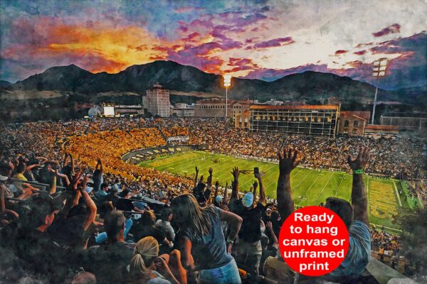 Canvas-Print of Colorado Buffaloes, Folsom Field , Watercolor Digital Sketch Print Canvas Print, University of Colorado, Boulder Colorado