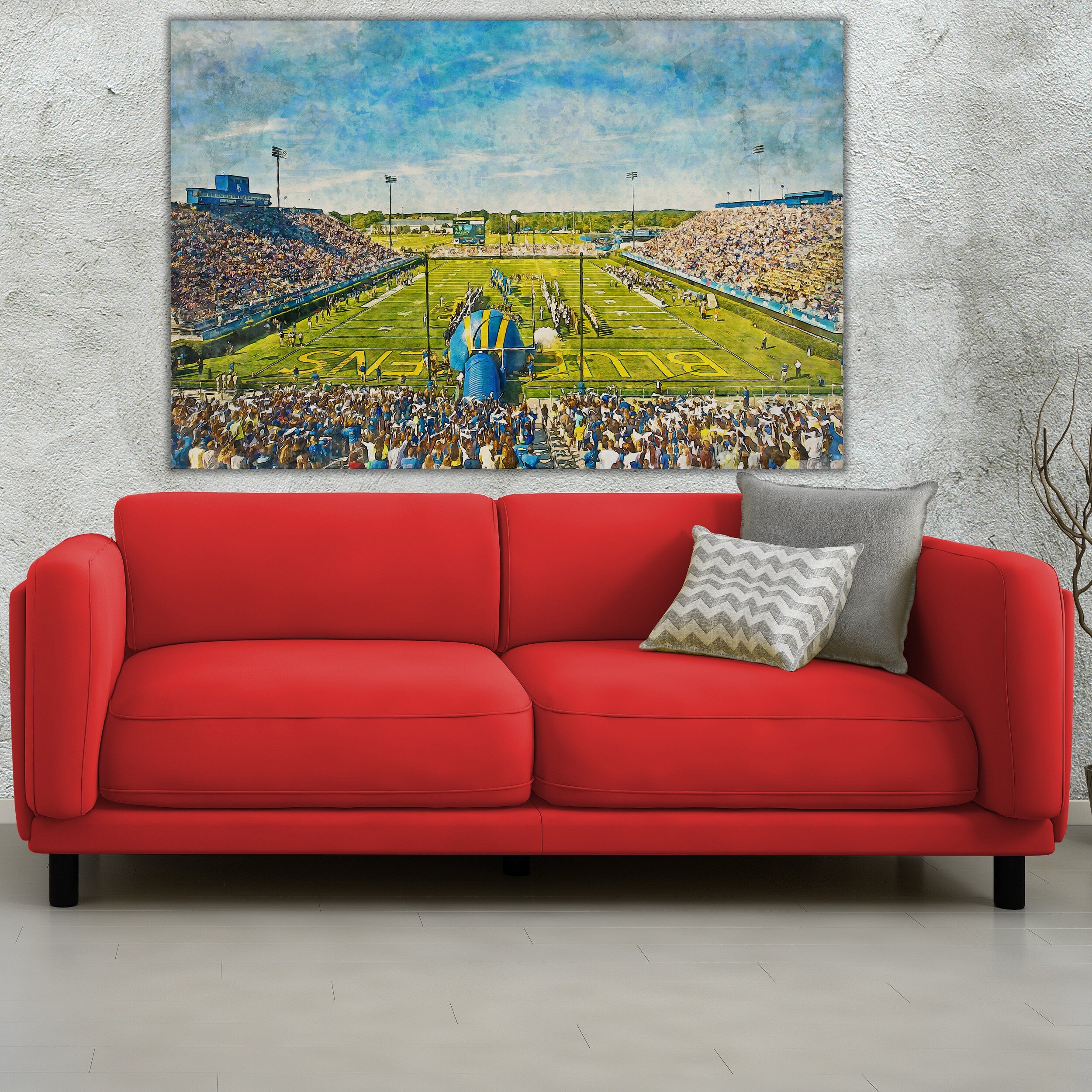 Canvas-Print of Delaware Blue Hens, Delaware Stadium , Watercolor Digital Sketch Print Canvas Print, University of Deleware, Newark Delaware - Image 2
