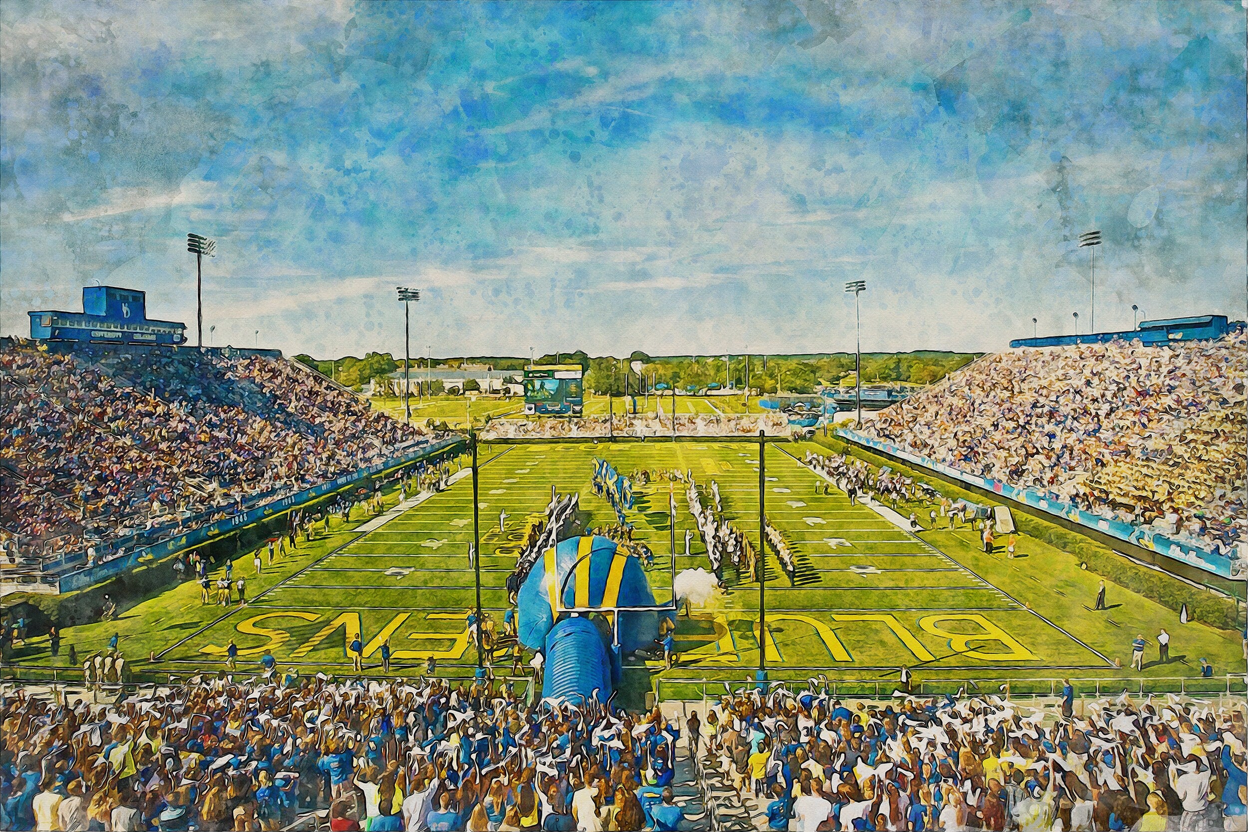 Canvas-Print of Delaware Blue Hens, Delaware Stadium , Watercolor Digital Sketch Print Canvas Print, University of Deleware, Newark Delaware - Image 3