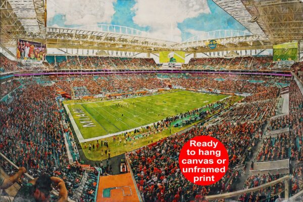 Canvas-Print of Miami Hurricanes , Hard Rock Stadium , Watercolor Digital Sketch Print Canvas Print , Miami University