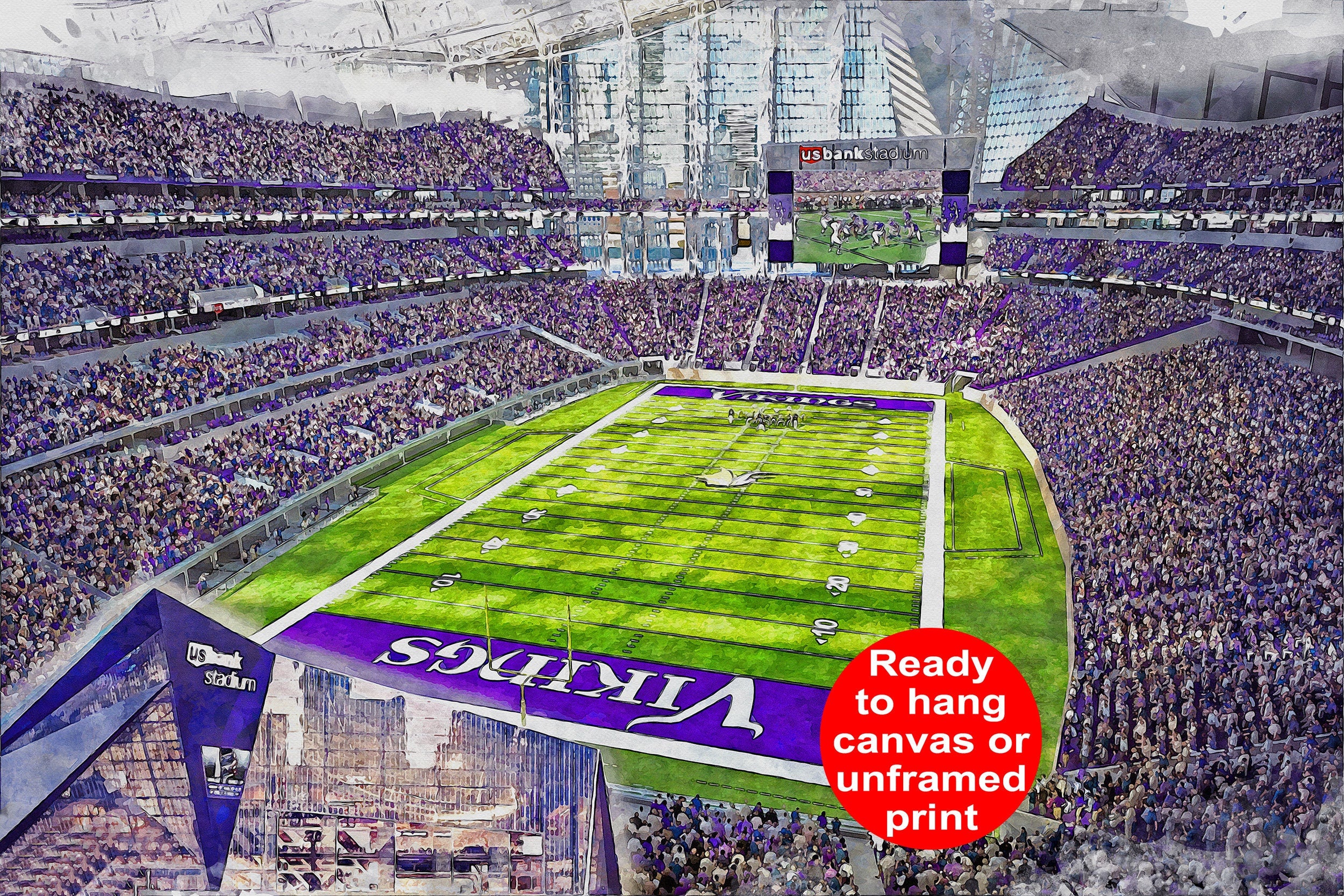 Canvas-Print of U.S. Bank Stadium, Watercolor Digital Sketch Print Canvas Print, Minneapolis, Minnesota, Pro