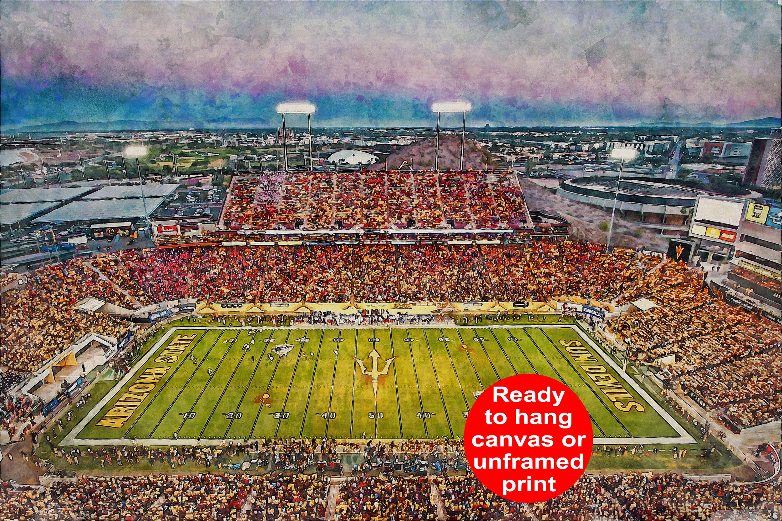 Arizona State Sun Devils, Sun Devill Football Stadium , Watercolor Digital Sketch Print Canvas Print, Sun Devil Football, Tempe Arizona