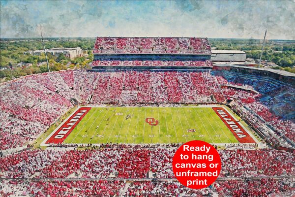 Oklahoma Sooners, Oklahoma Memorial Stadium , Watercolor Digital Sketch Print Canvas Print, University of Oklahoma, Norman Oklahoma
