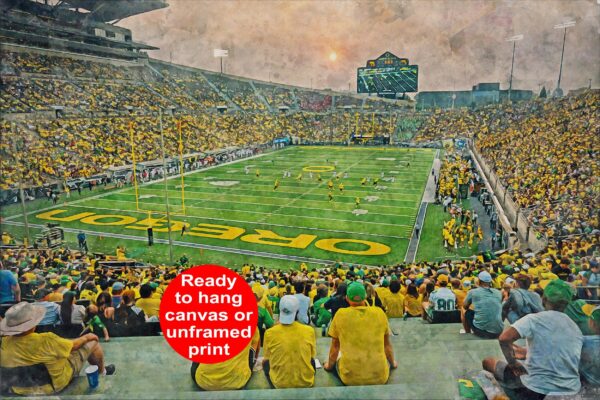 Canvas-Print of Oregon Ducks, Autzen Stadium , Watercolor Digital Sketch Print Canvas Print, University of Oregon, Eugene Oregon