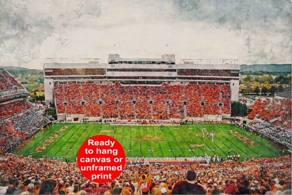 Canvas-Print of Virginia Tech Hokies, Lane Stadium ,  Watercolor Digital Sketch Print Canvas Print,  Blacksburg Virginia, Virginia Tech