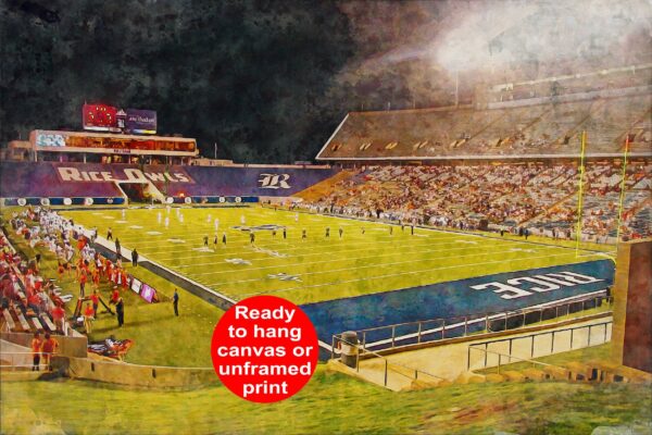 Canvas-Print of Rice Owls, Rice Stadium , Watercolor Digital Sketch Print Canvas Print, Houston Texas, Rice University