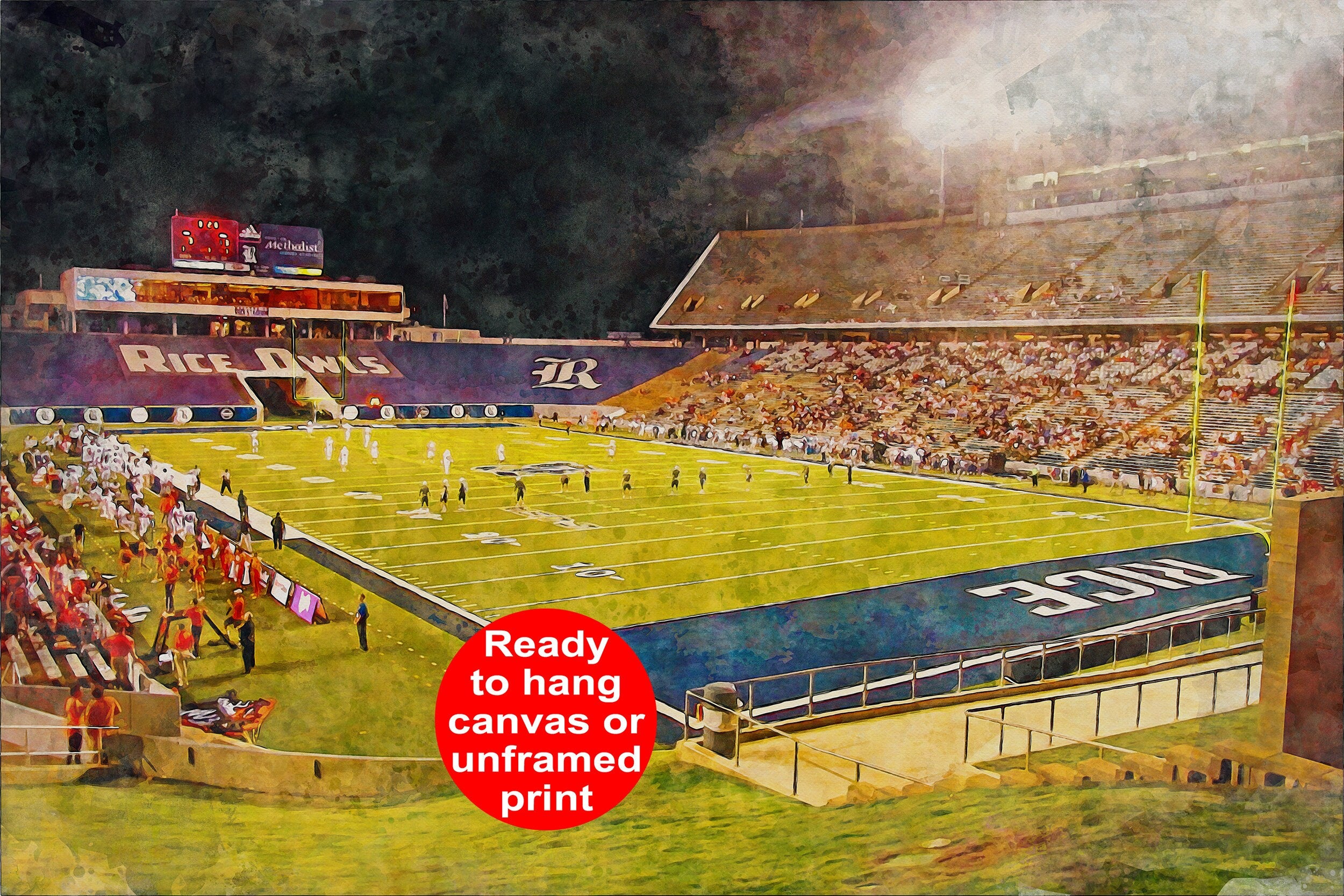 Canvas-Print of Rice Owls, Rice Stadium , Watercolor Digital Sketch Print Canvas Print, Houston Texas, Rice University