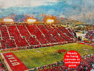 Canvas-Print of Utah Utes, Rice-Eccles Stadium,  Watercolor Digital Sketch Print Canvas Print, Salt Lake City Utah, University of Utah