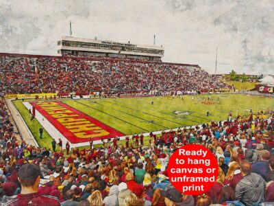 Canvas-Print of Central Michigan Chippewas, Kelly/Shorts Stadium , Watercolor Digital Sketch Print Canvas Print, Central Michigan University