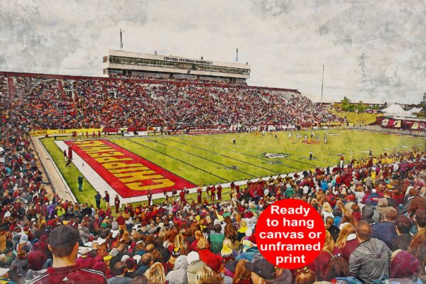Canvas-Print of Central Michigan Chippewas, Kelly/Shorts Stadium , Watercolor Digital Sketch Print Canvas Print, Central Michigan University