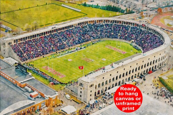 Canvas-Print of Harvard Crimson, Harvard Stadium , Watercolor Digital Sketch Print Canvas Print, Boston Massachusetts, Harvard University