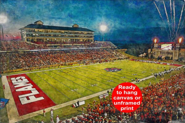 Canvas-Print of Liberty Flames, Williams Stadium , Watercolor Digital Sketch Print Canvas Print, Lynchburg Virginia, Liberty University