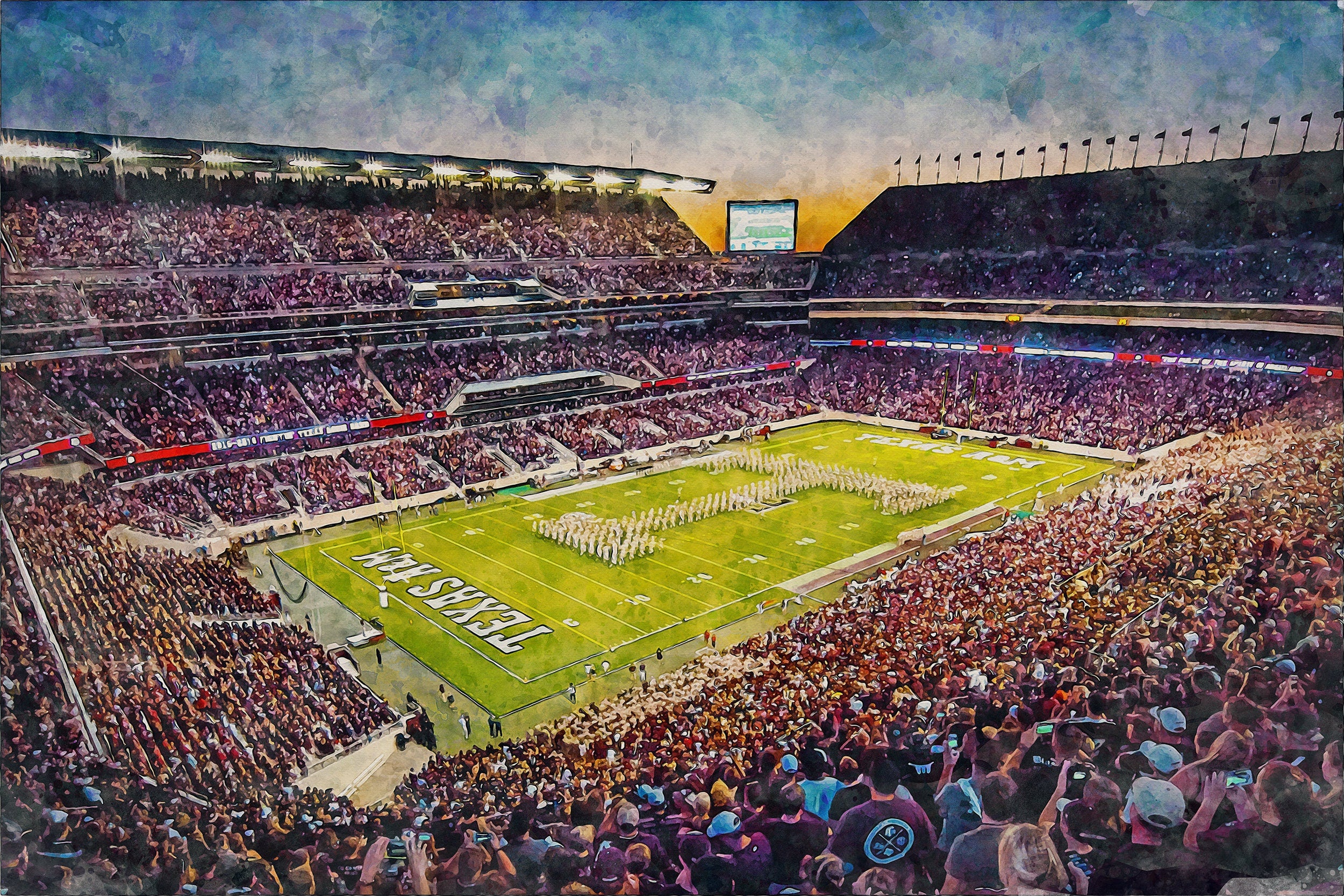 Canvas-Print of Texas A&M Aggies, Kyle Field , Watercolor Digital Sketch Print Canvas Print, Texas A and M, College Station Texas - Image 3