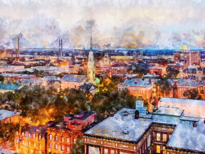 Savannah Georgia watercolor skyline canvas, Savannah Canvas,  Savannah skyline wall canvas, River street, Savannah watercolor waterfront