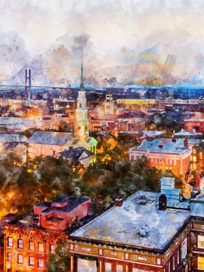 Savannah Georgia watercolor skyline canvas, Savannah Canvas,  Savannah skyline wall canvas, River street, Savannah watercolor waterfront