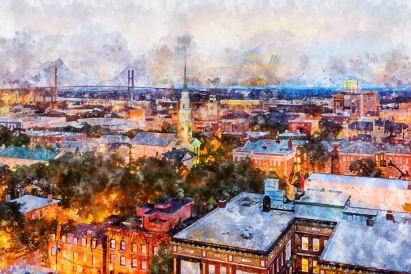 Savannah Georgia watercolor skyline canvas, Savannah Canvas,  Savannah skyline wall canvas, River street, Savannah watercolor waterfront