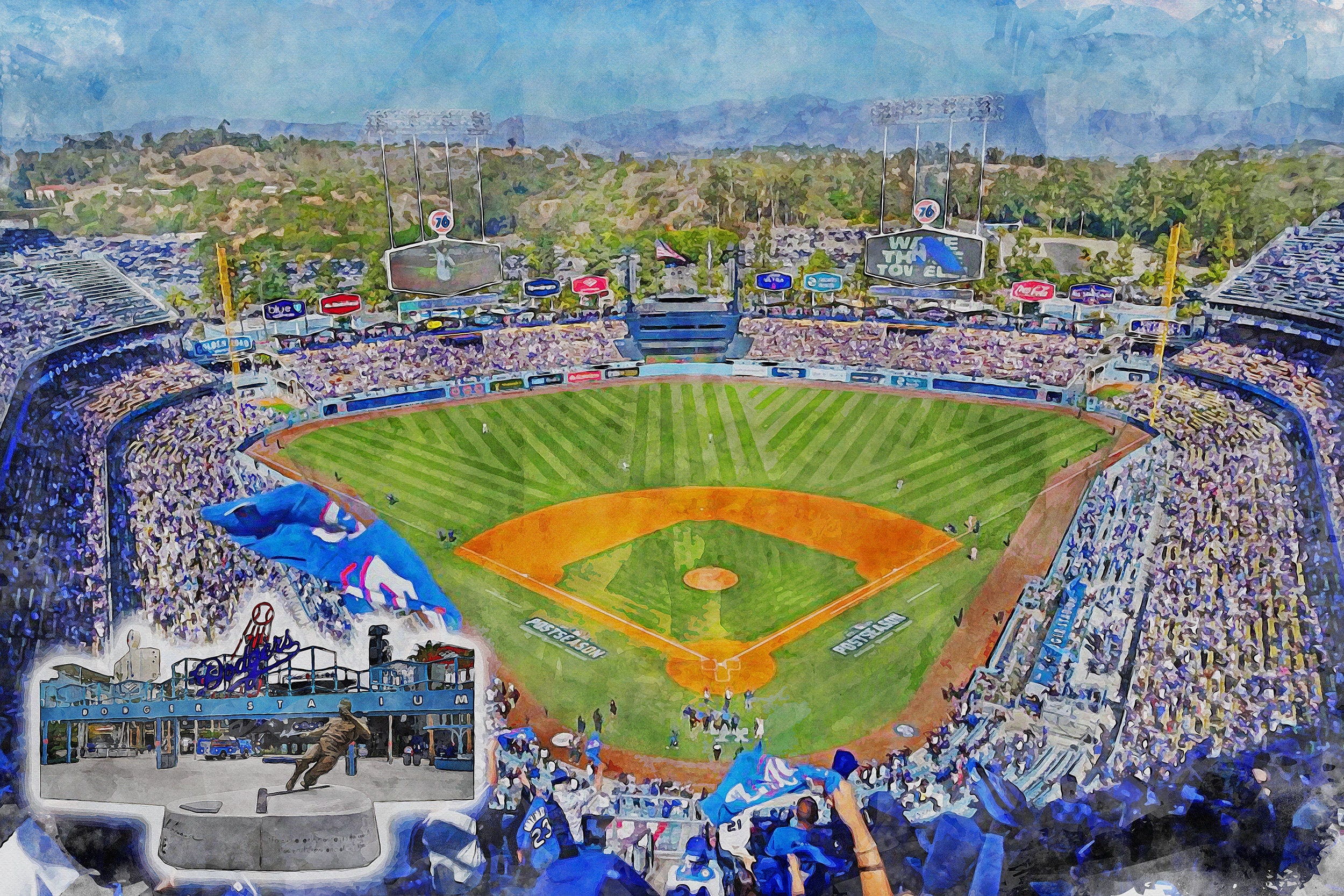 Canvas-Print of Dodger Stadium Artwork, Dodger Stadium watercolor sketch, Los Angeles Dodgers, Los Angeles Dodgers Collage,, Pro - Image 3