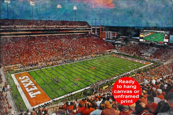 Canvas-Print of Texas Longhorns, DKR Texas Memorial Stadium, Watercolor Digital Sketch Print Canvas Print, University of Texas, Austin Texas