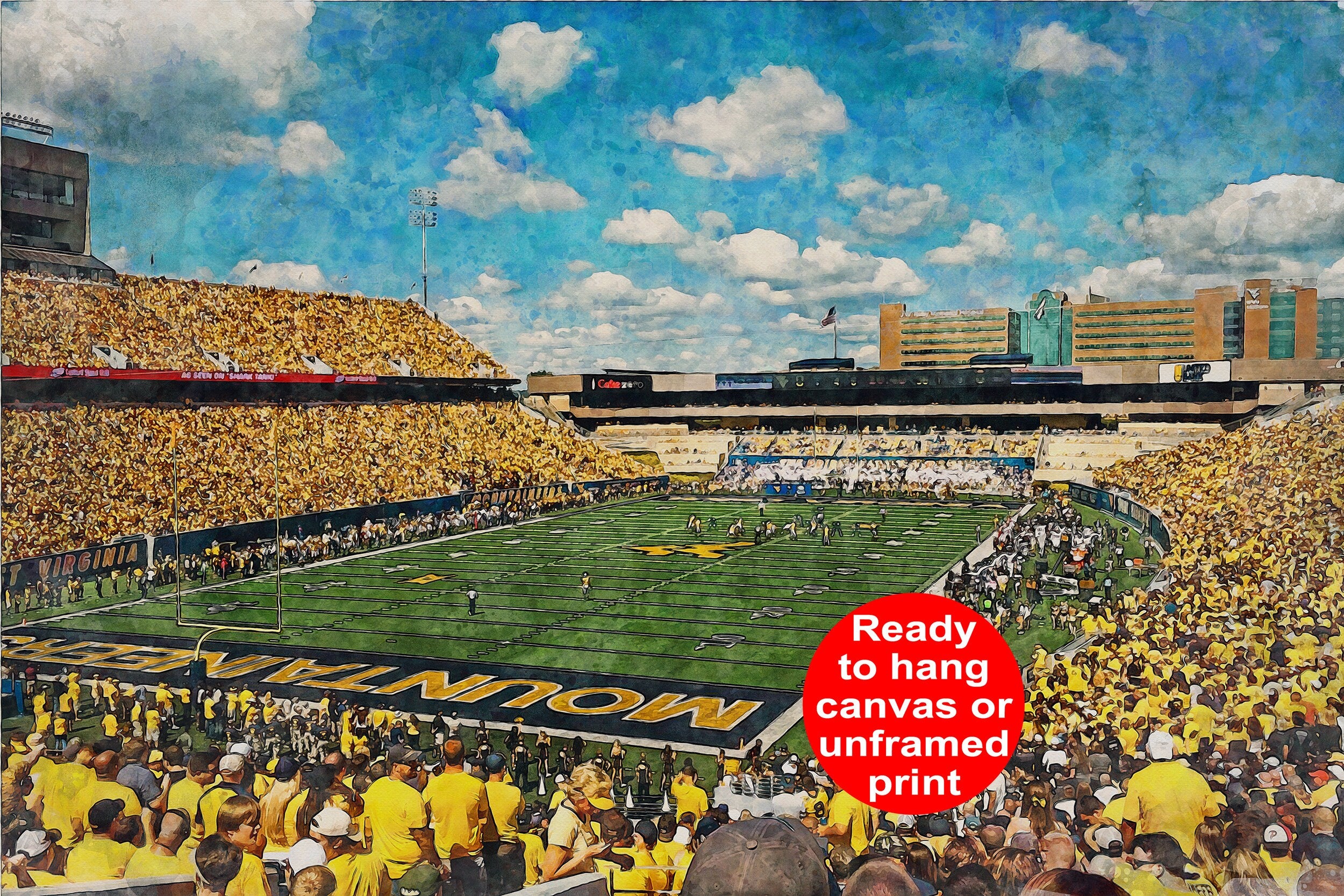 West Virginia Mountaineers, Mountaineer Field , Watercolor Digital Sketch Print Canvas Print, West Virginia University, Morgantown