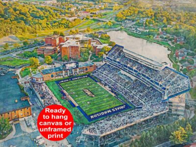 Canvas-Print of James Madison Dukes,  Bridgeforth Stadium, Watercolor Digital Sketch Print Canvas Print, JMU football. Harrisonburg Virginia