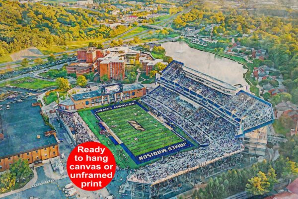 Canvas-Print of James Madison Dukes,  Bridgeforth Stadium, Watercolor Digital Sketch Print Canvas Print, JMU football. Harrisonburg Virginia