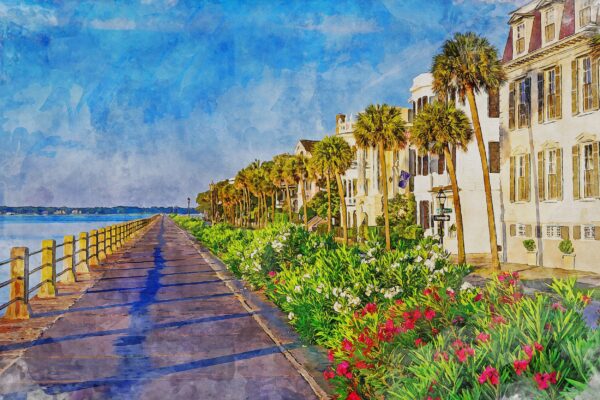 The Battery in Charleston South Carolina canvas watercolor, Charleston SC Wall Art, Charleston Print ,Charleston Harbor Watercolor wall art - Image 2