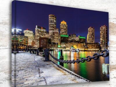 Boston Harbor travel art canvas print, Boston canvas, Boston Print, Boston wall art, Boston Harbor at night